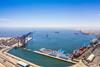 The picture shows an aerial shot of Port of Walvis Bay, Namibia