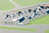 The image shows a render of the 5,000 m² charging hub which will be located near the RWG Terminal