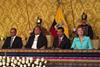 (Left to right): HE Jorge Glass, Vice President of Ecuador, HE Rafael Correa, President of Ecuador, Sultan Ahmed Bin Sulayem, DP World Group Chairman and CEO and Isabel Noboa, Chairwoman of Consorcio Nobis at the signing of the new concession fo...