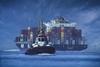The image shows a container ship in the background with a tug in the foreground