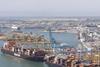 aerial shot of the Port of Barcelona showing two containers ships