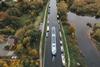 The image is a drone overhead picture of the canal serving Stourton Wharf