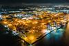 The image shows an overhead shot of Gothenburg container terminal at night