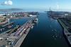 The image shows an overhead shot of Dublin Port