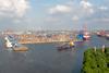 The image shows a wide angle shot of the Waltershofer Hafen
