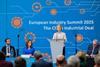 The image shows EU President Ursula von der Leyen in Antwerp to present the details of the plan to EU business leaders gathered at the European Industry Summit