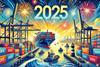 The start of 2025 with a ports theme, depicted in a landscape format which shows a bustling harbour at sunrise