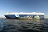 The picture shows NYK Line’s Atlas Leader being bunkered with biofuels by Cepsa’s electric port hybrid barge, Bahía Levante
