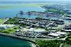 Port Botany: new terminal will be built at right angles to furthest quayside, along same axis as airport runways (background)