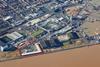 An aerial shot of the Port of Grimsby showing the Grimsby Seafood Village outlined in red in the bottom left