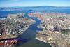 The picture shows an aerial image of the Port of Oakland