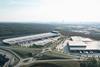 The image shows a conceptual rendering of Halvorsäng Logistics Park