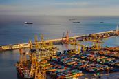 The image is of a aerial shot of a port terminal