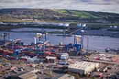 The image shows a wide angle shot of Belfast Harbour