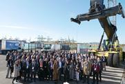 People standing on the quay at the Port of Valencia celebrating the finale of the H2Ports project