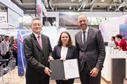 The image shows Hamburg’s Senator for Economic Affairs Dr Melanie Leonhard, HPA CCO Friedrich Stuhrmann and ONE’s managing director, Takahiro Kikuchi, signing the agreement at agreement was formalised at the Transport Logistic 2025 trade fair