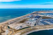 The image shows an aerial shot of the Maasvlakte at the Port of Rotterdam