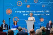 The image shows EU President Ursula von der Leyen in Antwerp to present the details of the plan to EU business leaders gathered at the European Industry Summit