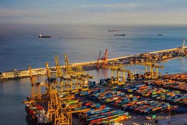 The image is of a aerial shot of a port terminal