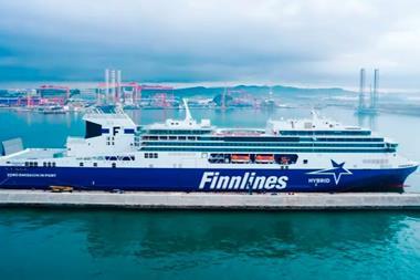 The photo shows the Finnlines combined freight and passenger vessel, Finnsirius, on the water