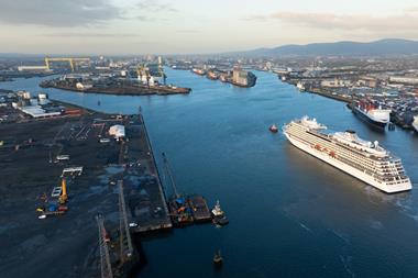The image shows an aerial shot of Belfast Harbour
