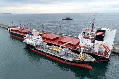 The picture shows the Green Future, a dual-fuel bulk carrier chartered by NYK Bulk & Projects Carriers Ltd receiving green methanol during the bunkering operation