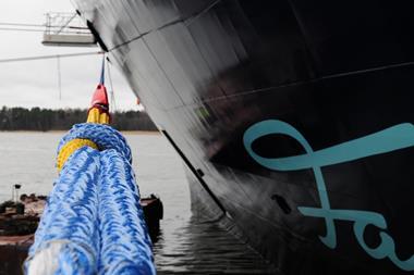 The images shows Wilhelmsen's Timm Snap Back Arrestor (SBA) rope tied to a mooring line at the dock holding a ship stable