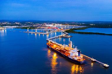Puerto Bahía’s LNG import terminal in Cartagena Bay, Colombia by night