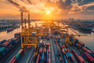 An AI generated image of a port quayside at sunset