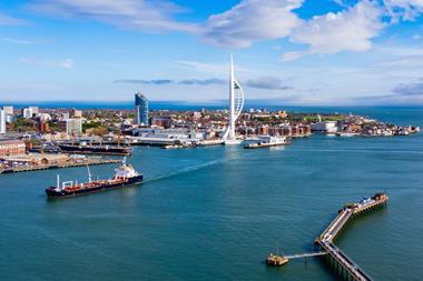 A wide angle shot of Portsmouth Harbour with the Spinnaker Tower in the background