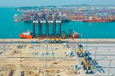 The image shows the new electric cranes Hutchison Ports Thailand (HPT) Terminal D, Laem Chabang Port