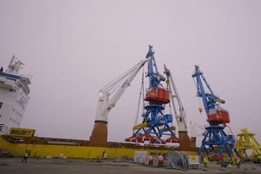 The image shows the Rikon all-electric double jib level luffing cranes on the quayside at the Port of Riga