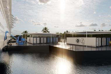 The image shows a render of a hydrogen-powered floating micro-grid