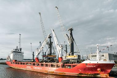 Liebherr ship-to-shore crane by a small container ship dockside
