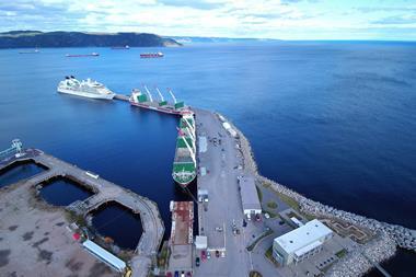 The image shows vessels on the quayside at Baie-Comeau Port