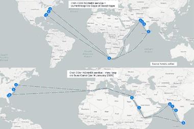 Two maps showing CMA CGM routes around the Cape of Good Hope and through the Suez Canal