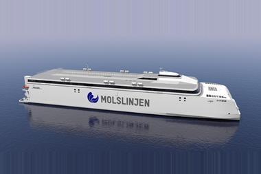 The image shows a render of the Molslinjen high-speed catamaran ferry