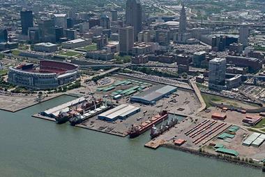 The image shows an overhead shot of the US Port of Cleveland