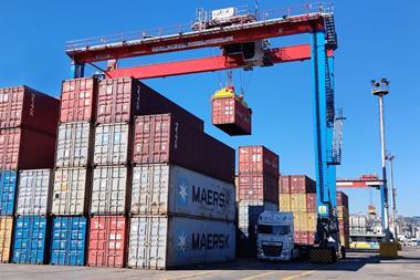 The image shows the Liebherr RTGs in action at Conateco in Italy