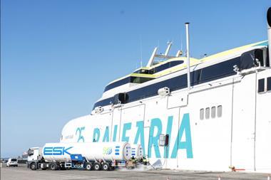 The Baleària fast ferry Margarita Salas on the quayside refuelling with bioLNG