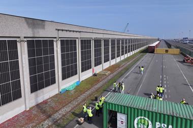 A picture of the vertical solar panels at PSA Zeebrugge