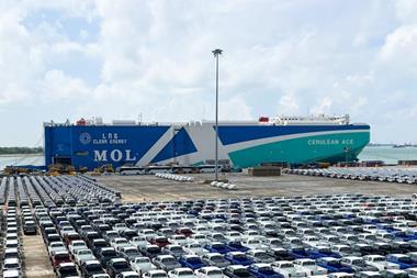 MOL RoRo container ship at the Port of Singapore with cars dockside
