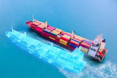Rendering of a container ship with ghostly 'digital twin'