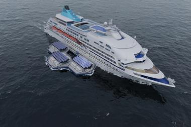 Render of hydrogen floating hubs refuelling a ship