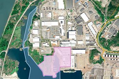 A aerial shot with pink and blue markings indicating the areas being acquired by the Port of Gothenburg
