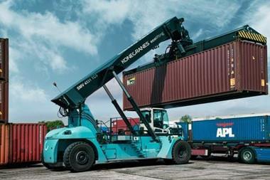 The pictures shows a Konecranes lift truck in action in a container yard