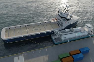 A render of an Azane terminal barge bunkering a ship with ammonia