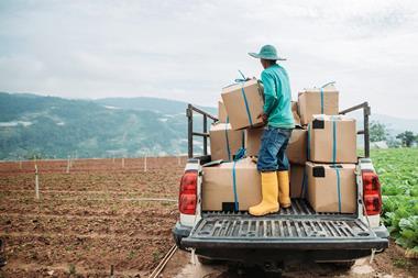 A man stands on the back of a pick-up truck with cardboard packages in an agricultural field