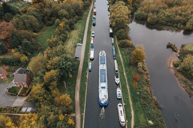 The image is a drone overhead picture of the canal serving Stourton Wharf