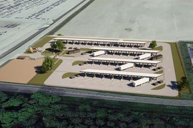 The image is a render of the first phase of the EHGV charging hub at Able Humber port